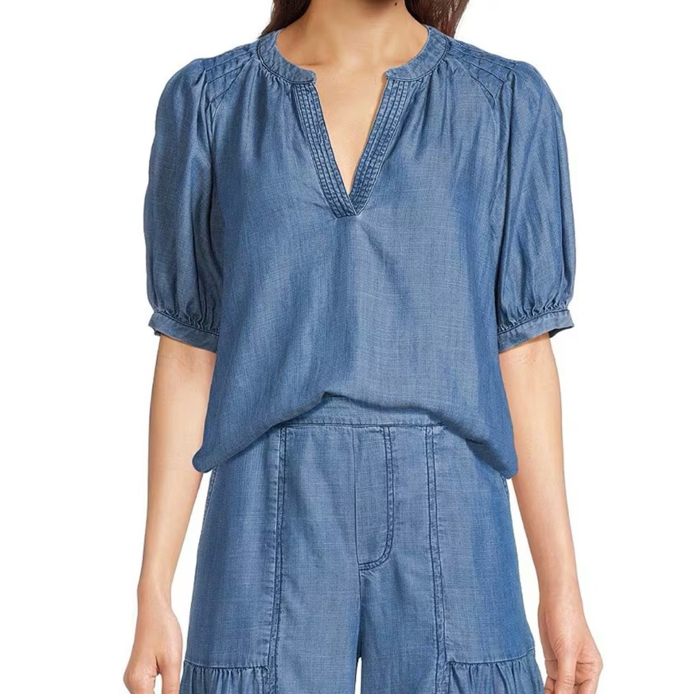Current Air Chambray Split Neck Top S - image 2